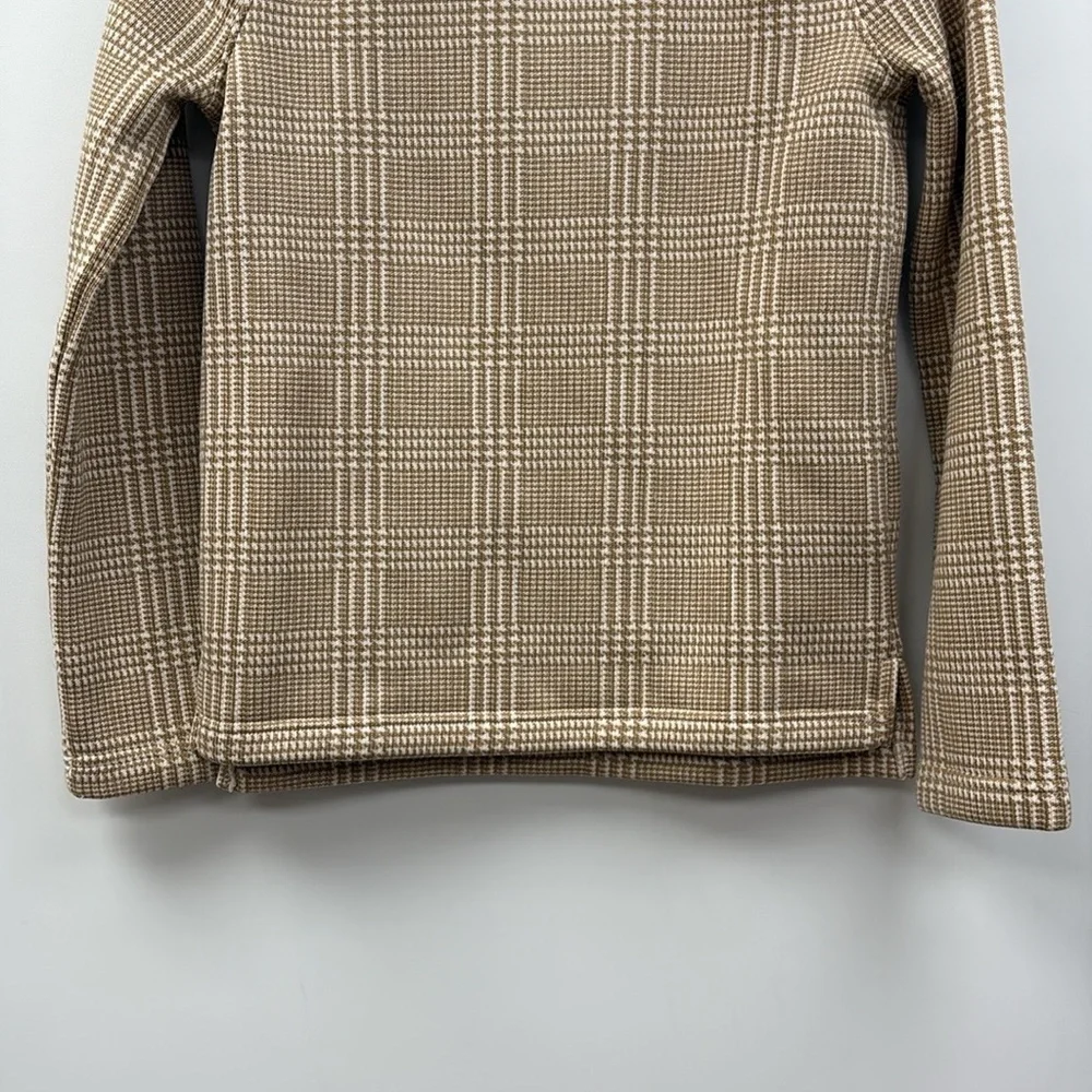 NWOT J. Crew Houndstooth Plaid Fleece Funnel Neck Pullover Sweater Tan XS